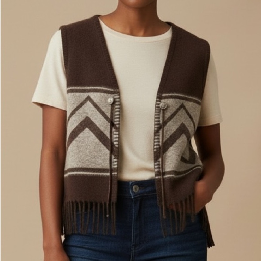 VTG Western Cropped Knit Wool Blend Vest W/ Fringe & Leather Tassels (Size M)
